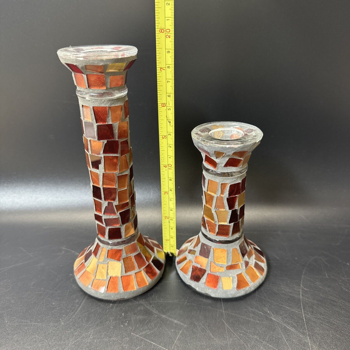 Home Interiors Candle Holder Red Gold Orange Mirrored Mosaic/ Set 2