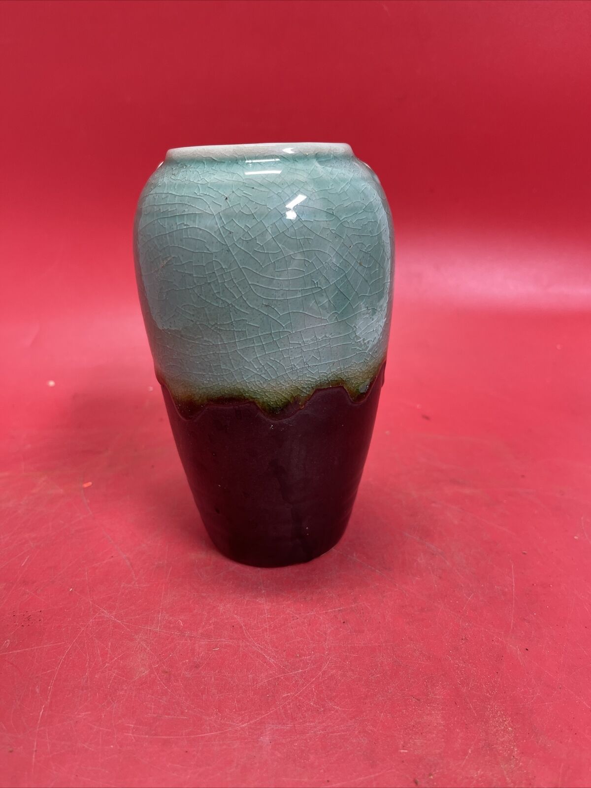 Vintage Handcrafted Ceramic 3 D Vase Aqua/Turquoise And Black W/ Raised Flowers
