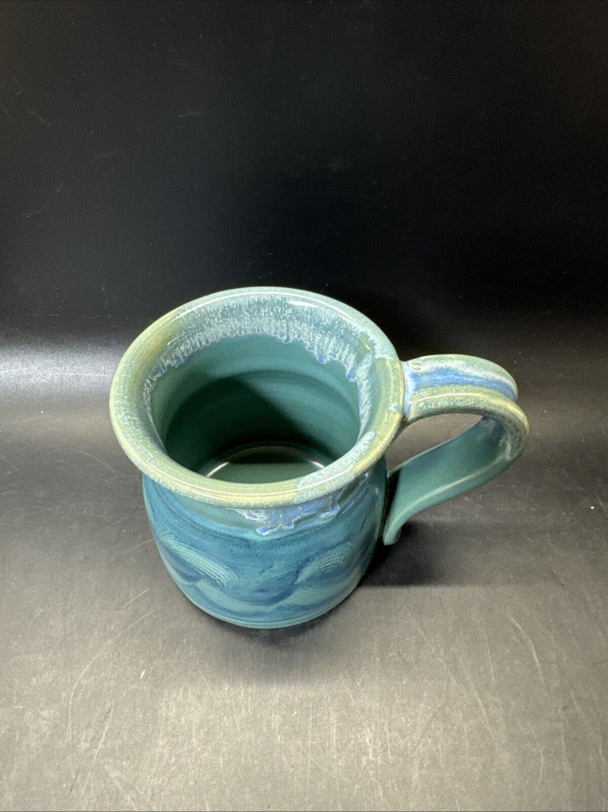 Studio Pottery Coffee Mug Cup Blue Green Wave Design Signed Beach Salt Life