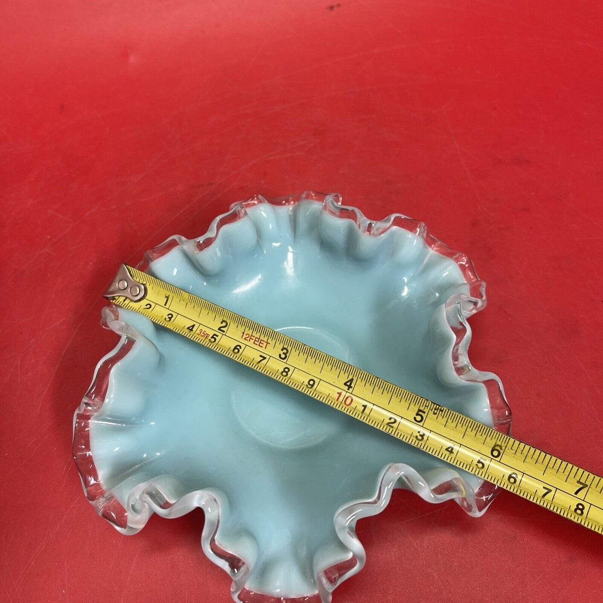 Vintage Glass Turquoise Silver Crest 6" Bowl Ruffled Edge 1950s