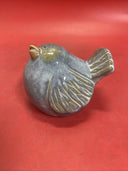 Blue and Brown Pottery Pudgy, Puffed Up Sitting Bird Figure, Garden Decoration