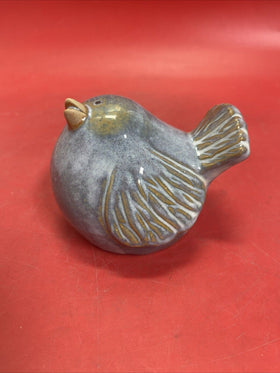 Blue and Brown Pottery Pudgy, Puffed Up Sitting Bird Figure, Garden Decoration