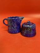 Blue and White Stoneware Sponge ware Milk Pitcher & Sugar in Cobalt Blue