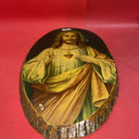 Vintage "Sacred Heart Of Jesus" Wood Slice Plaque 21”x12” With Bark Edge 1950s