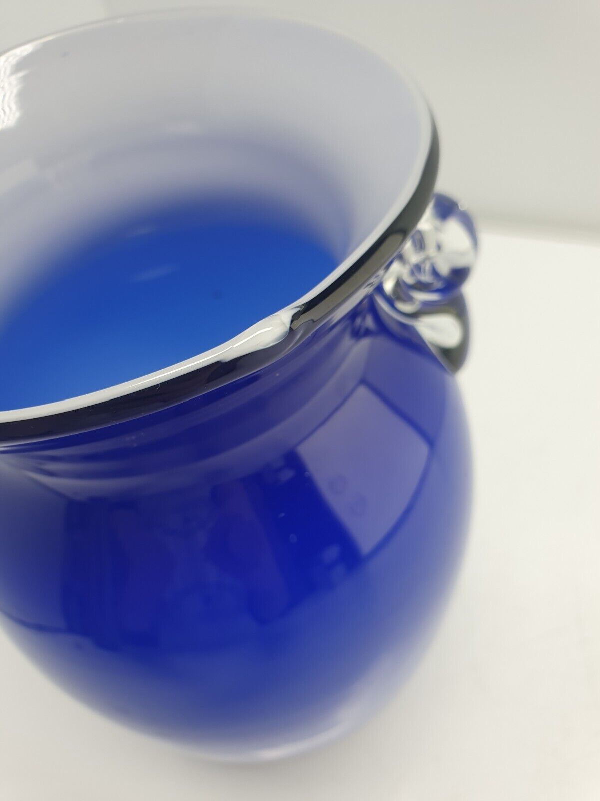 Gorgeous Blue Glass Vase Applied Clear Scroll Handles 10.5"