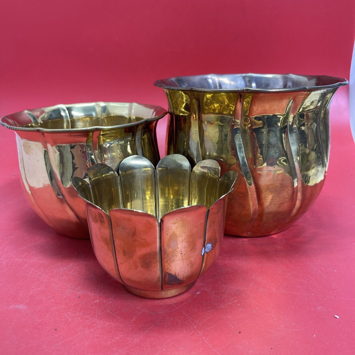 Vintage Solid Brass Round Planters Set 3pc Different Designs