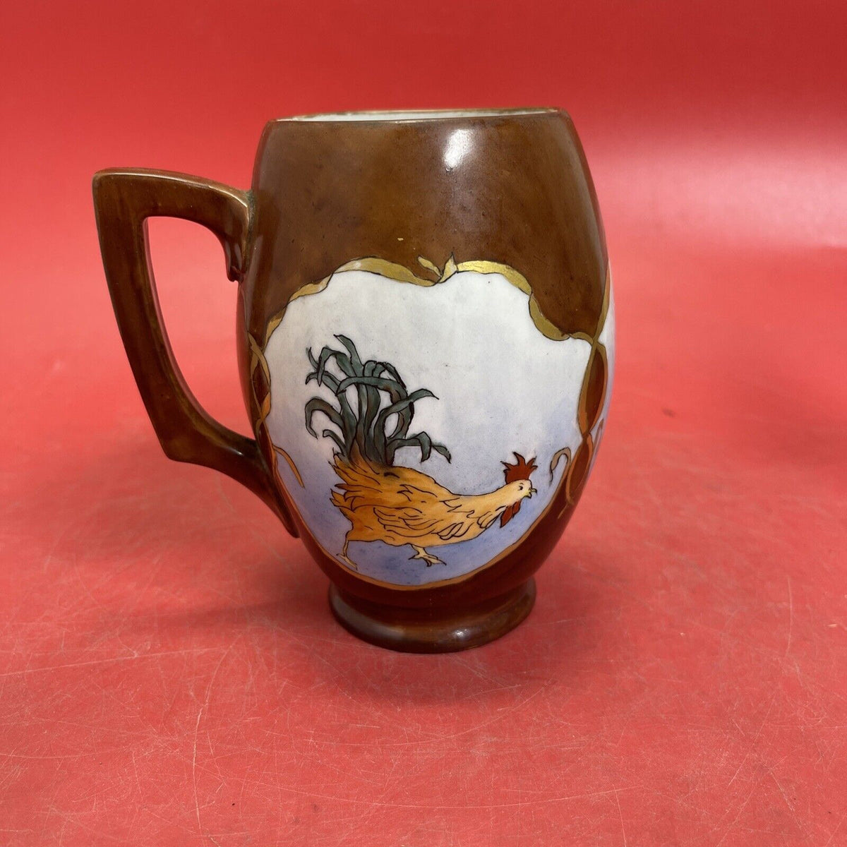 VIENNA AUSTRIA Factory of Count Thun MUG VASE BROWN ,Rooster Antique around 1890