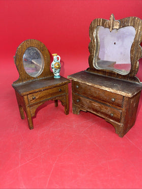 Antique 2 Piece Wooden Dollhouse Bedroom Furniture