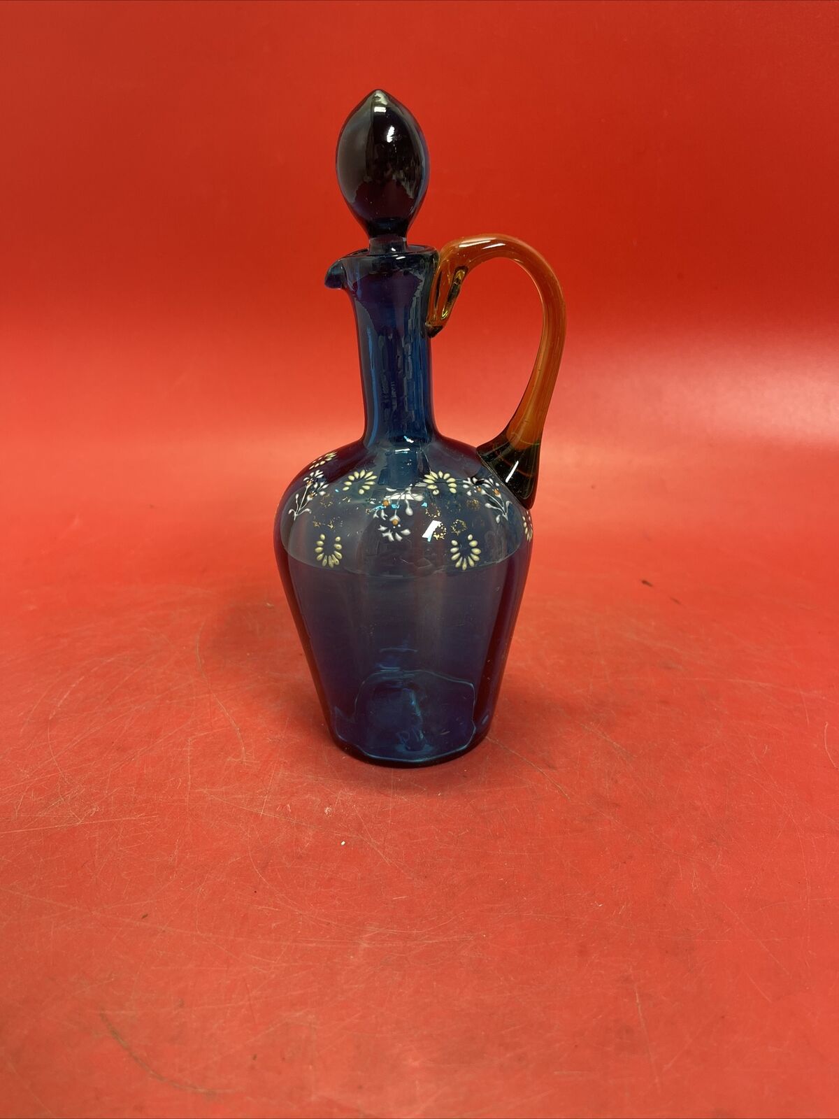 Victorian BOHEMIAN BLUE & Amber Handle Hand Blown & Hand Painted Art Glass Cruet