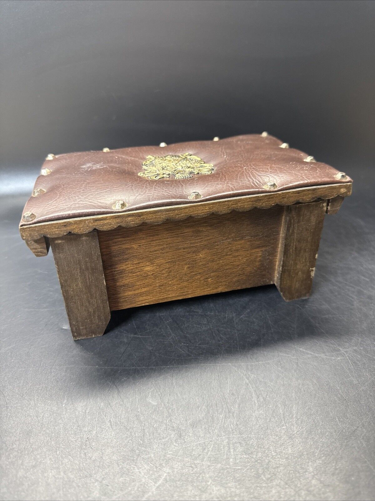 Vtg 60’s Brown Wood Jewelry Trinket Stash Box