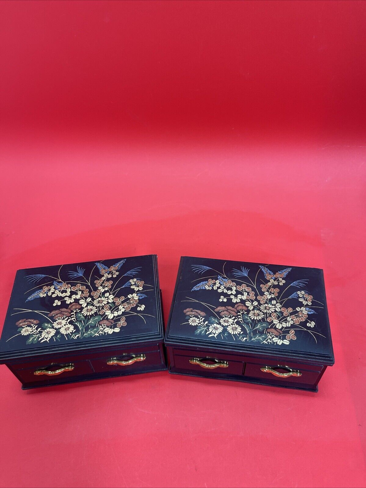 Asian Faux Lacquer Small Jewelry Box w/ Interior Mirror & Red Velvet Lining Lot2