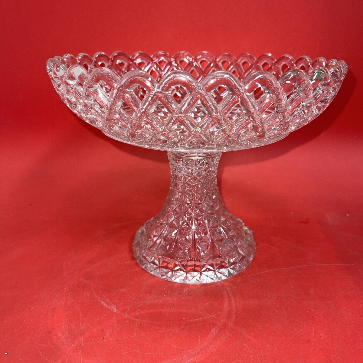 Imperial Glass Lace Edge Diamond Cut Base Pedestal Bowl