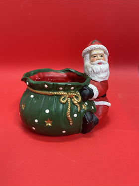 VINTAGE CHRISTMAS SANTA W/LARGE TOY GIFT SACK BAG CERAMIC CANDY DISH PLANTER