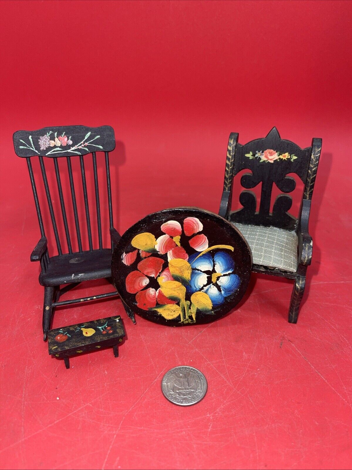 Vintage Miniature Dollhouse Wooden Chair, Rocking chair, Painting Lot