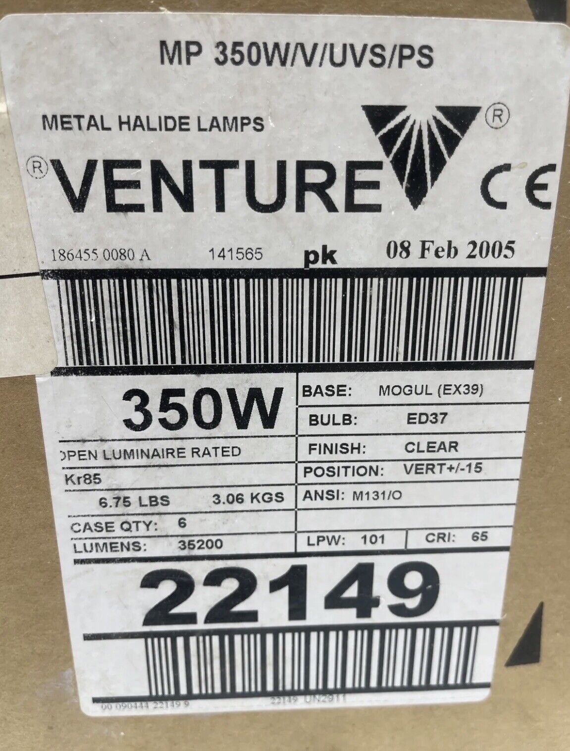 BOX OF (6) NOS! VENTURE 350W METAL HALIDE LAMPS 22149 350W/V/UVS/PS/740