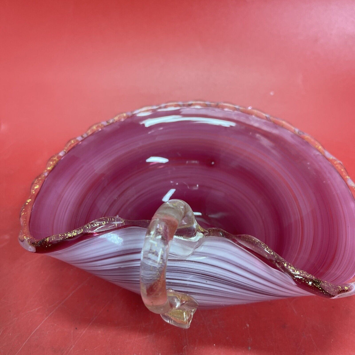 Vintage Italy Hand Blown Pink Swirl Glass Gold Fleck Nappy Dish