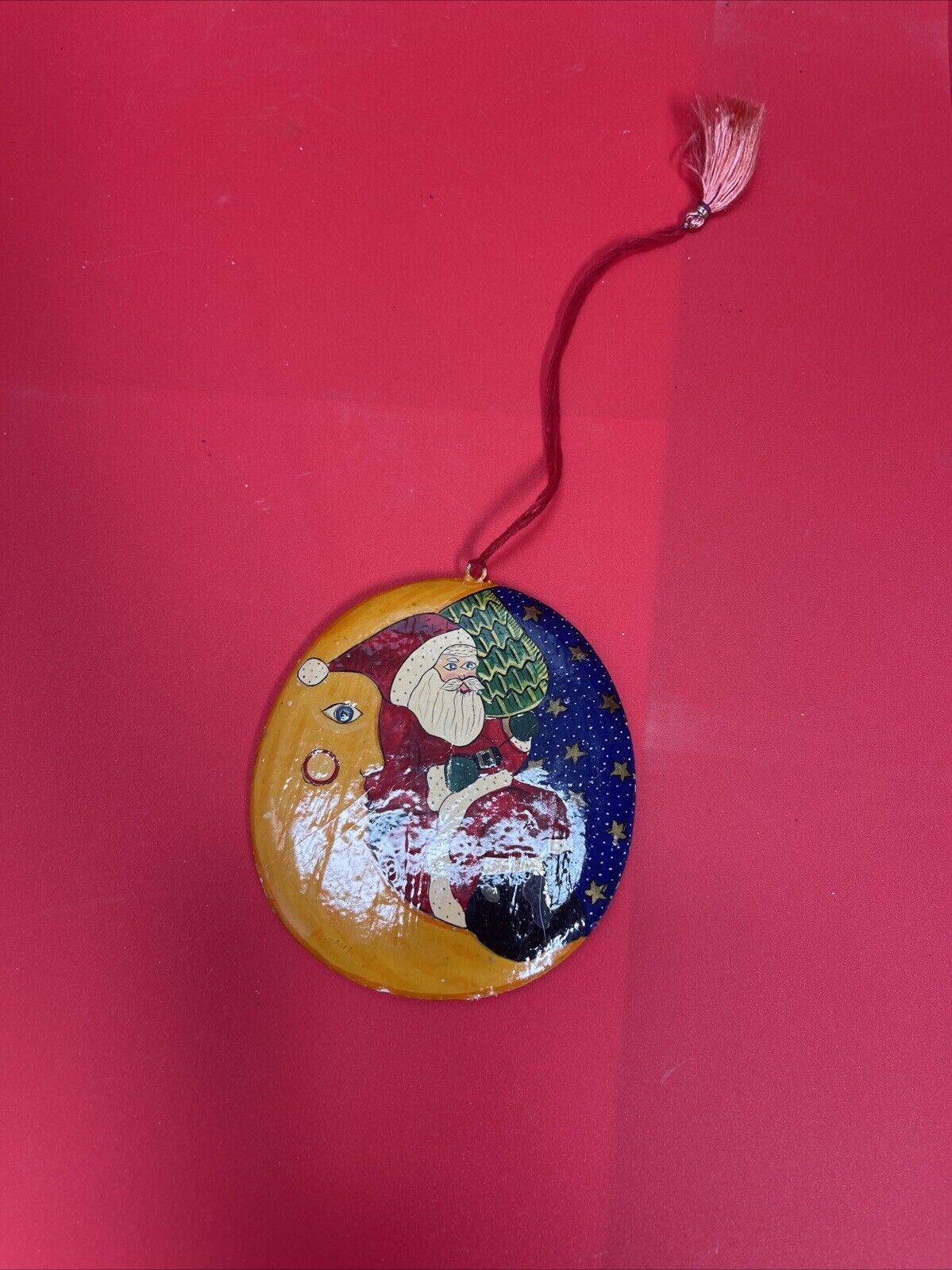 Vintage Half Moon Santa Wood Ornament Hand Painted Folk Art Flat Star Night