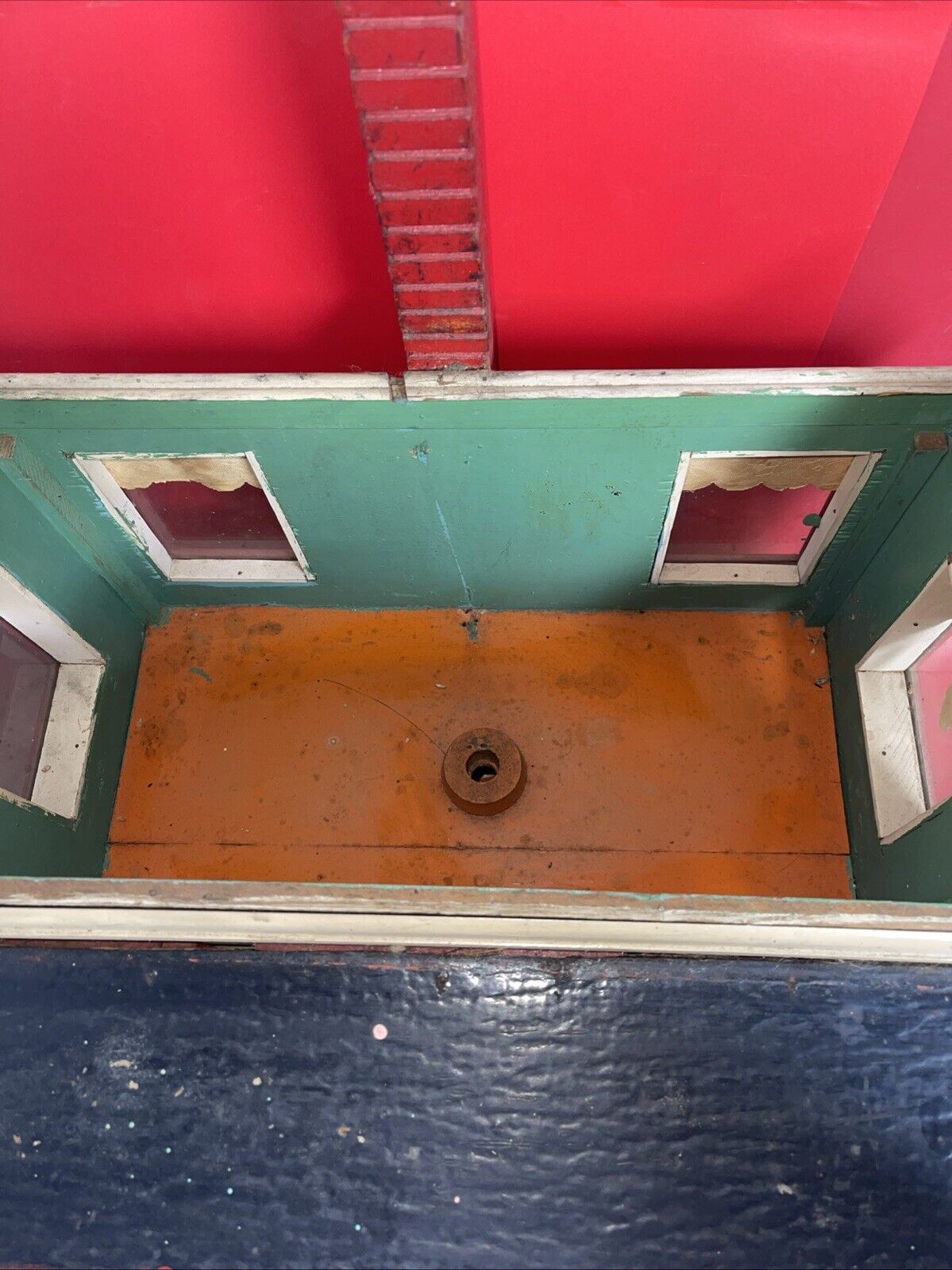 Vintage wooden dollhouse, two-story. Windows - red, removable roof