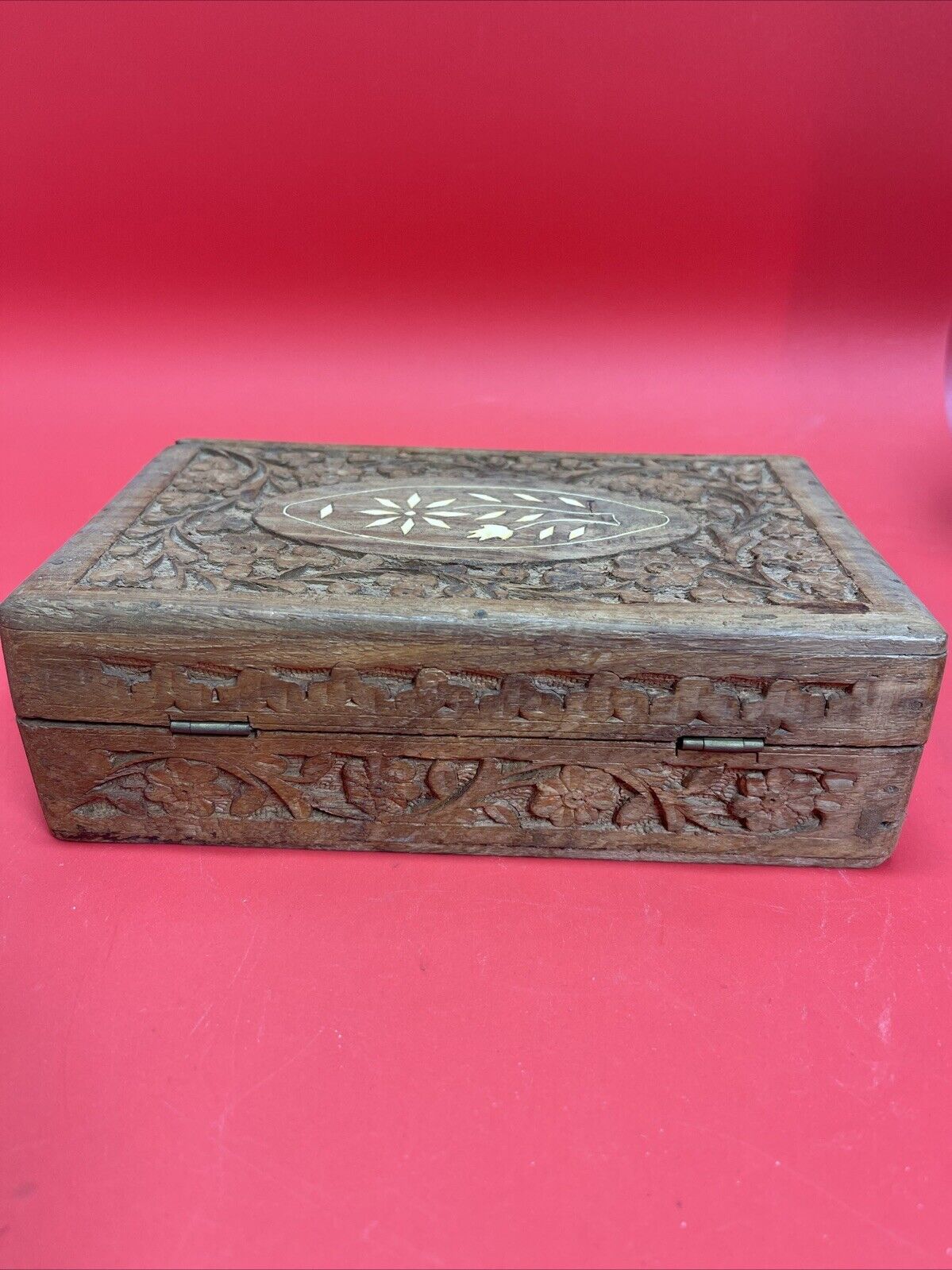 Vintage Hand Carved Teak Wooden Jewelry Trinket Box Made in India Lot 2