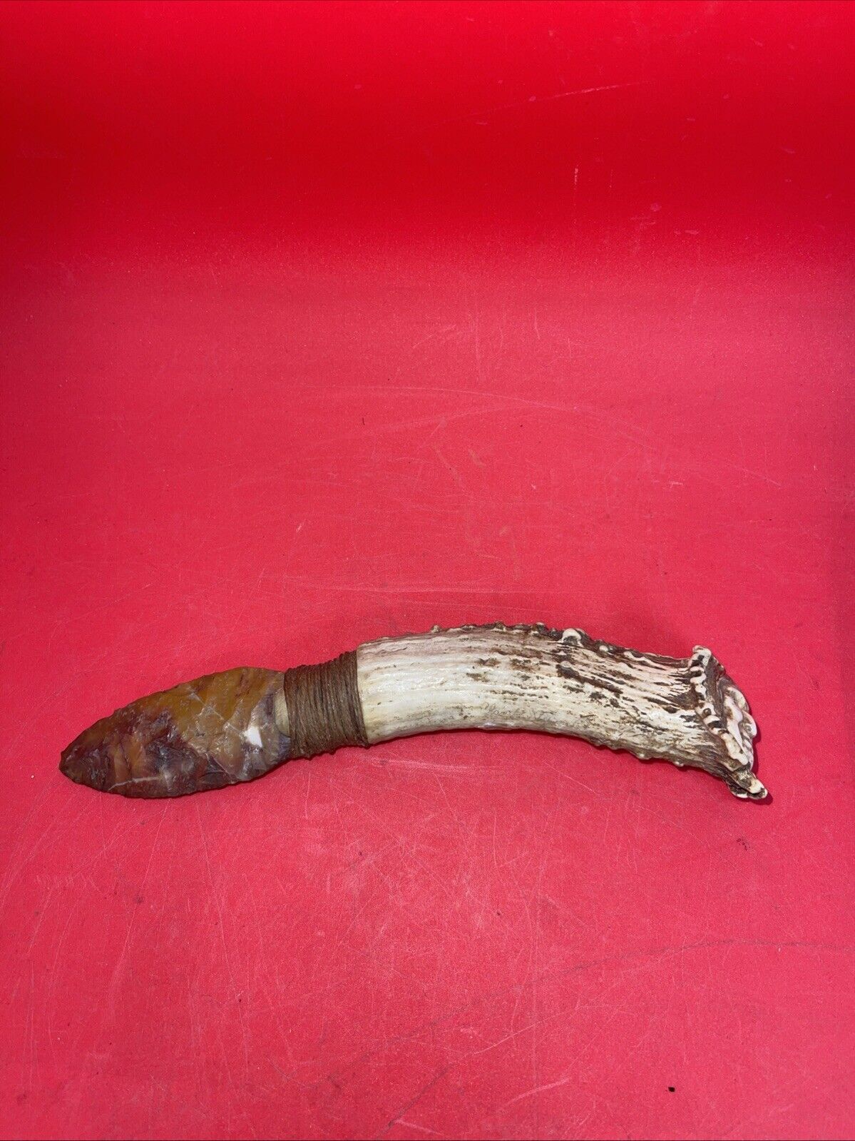 Antique Flint Knife with Deer Antler Handle,  Carving  Indian Face