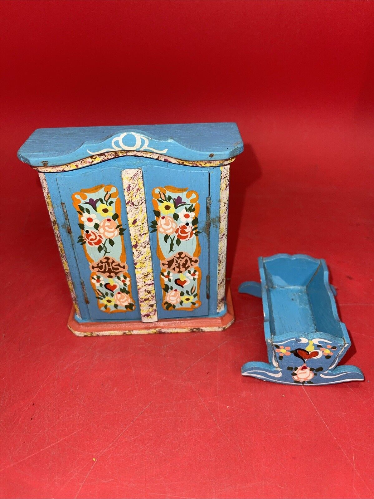 Vintage Dollhouse Furniture Dora Kuhn Germany 2 Pieces Wardrobe Cradle