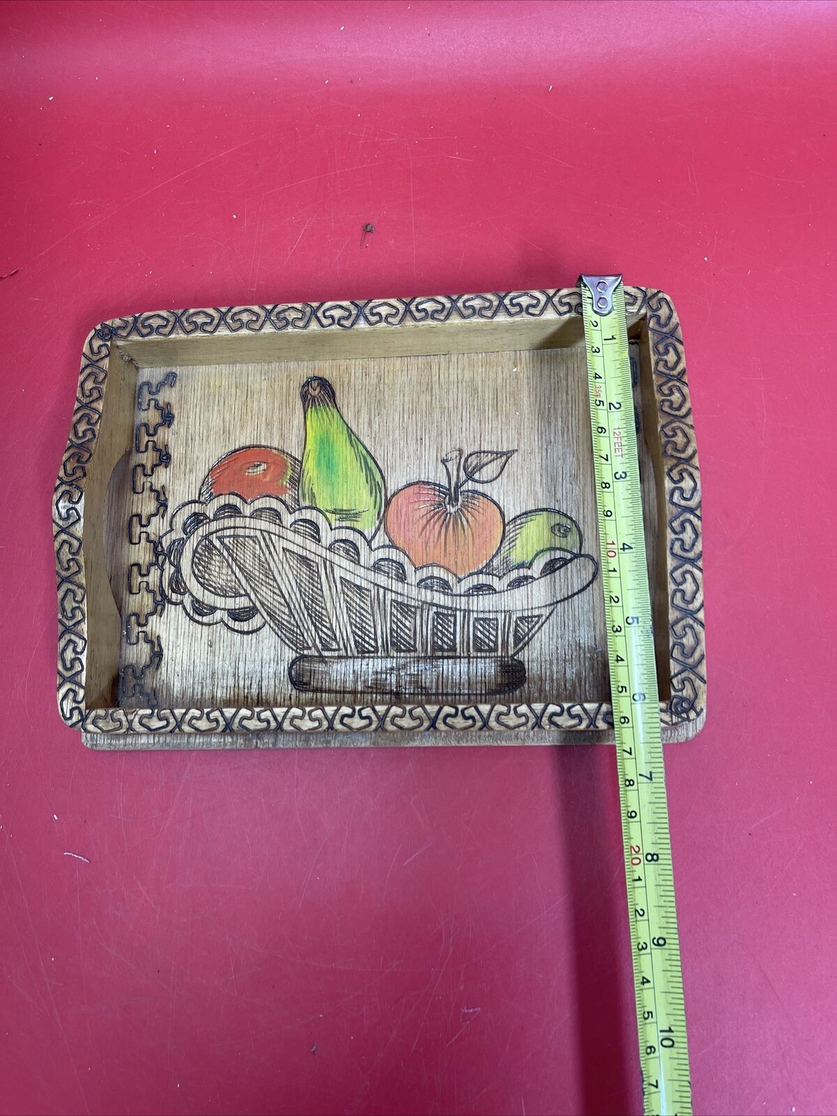 Vintage carved wooden tray with tropical island fruits and border Lot 4