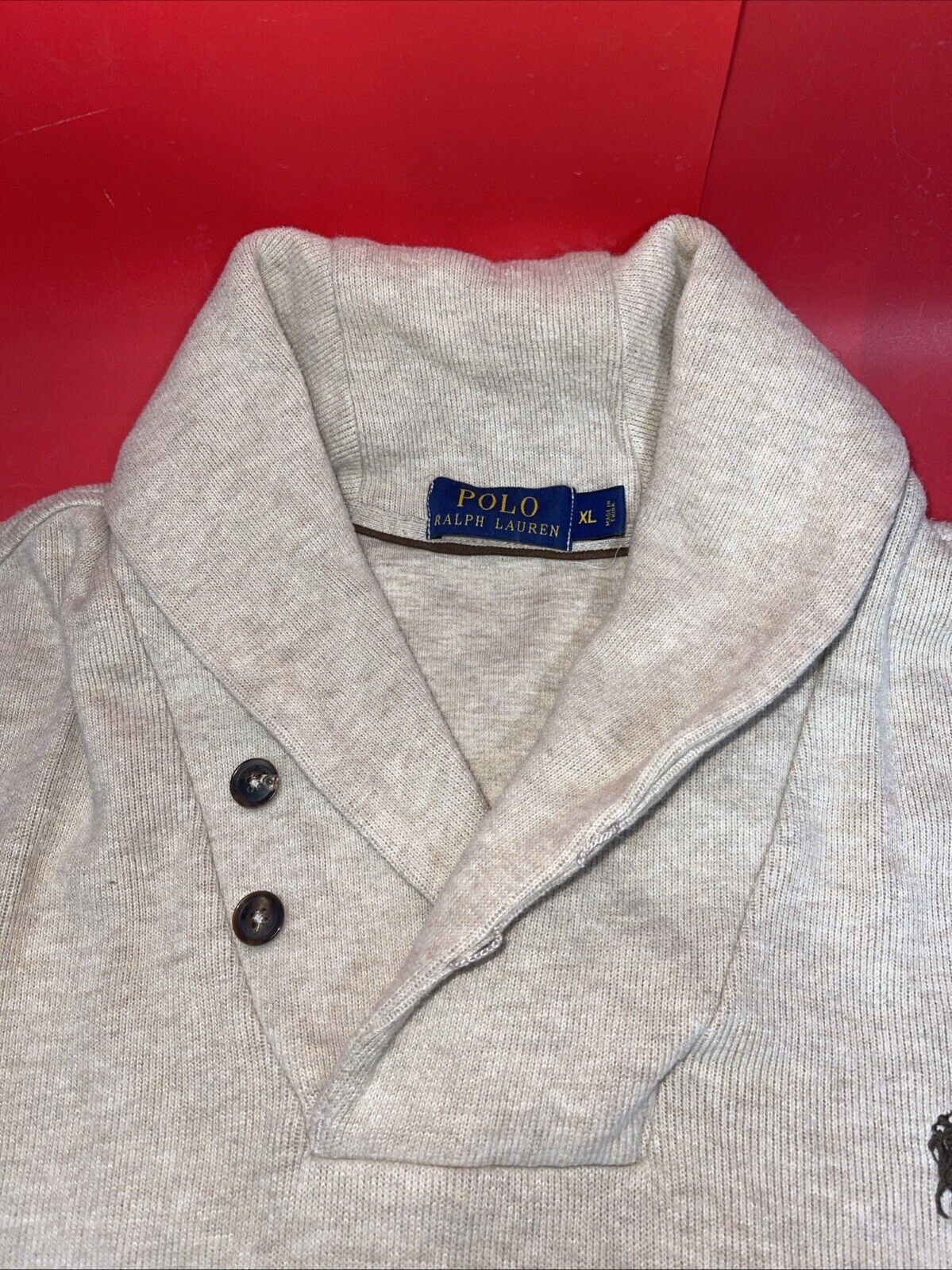 Polo Ralph Lauren Sweater Size XL Mens  Shawl Collar Button Elbow Patch Pony