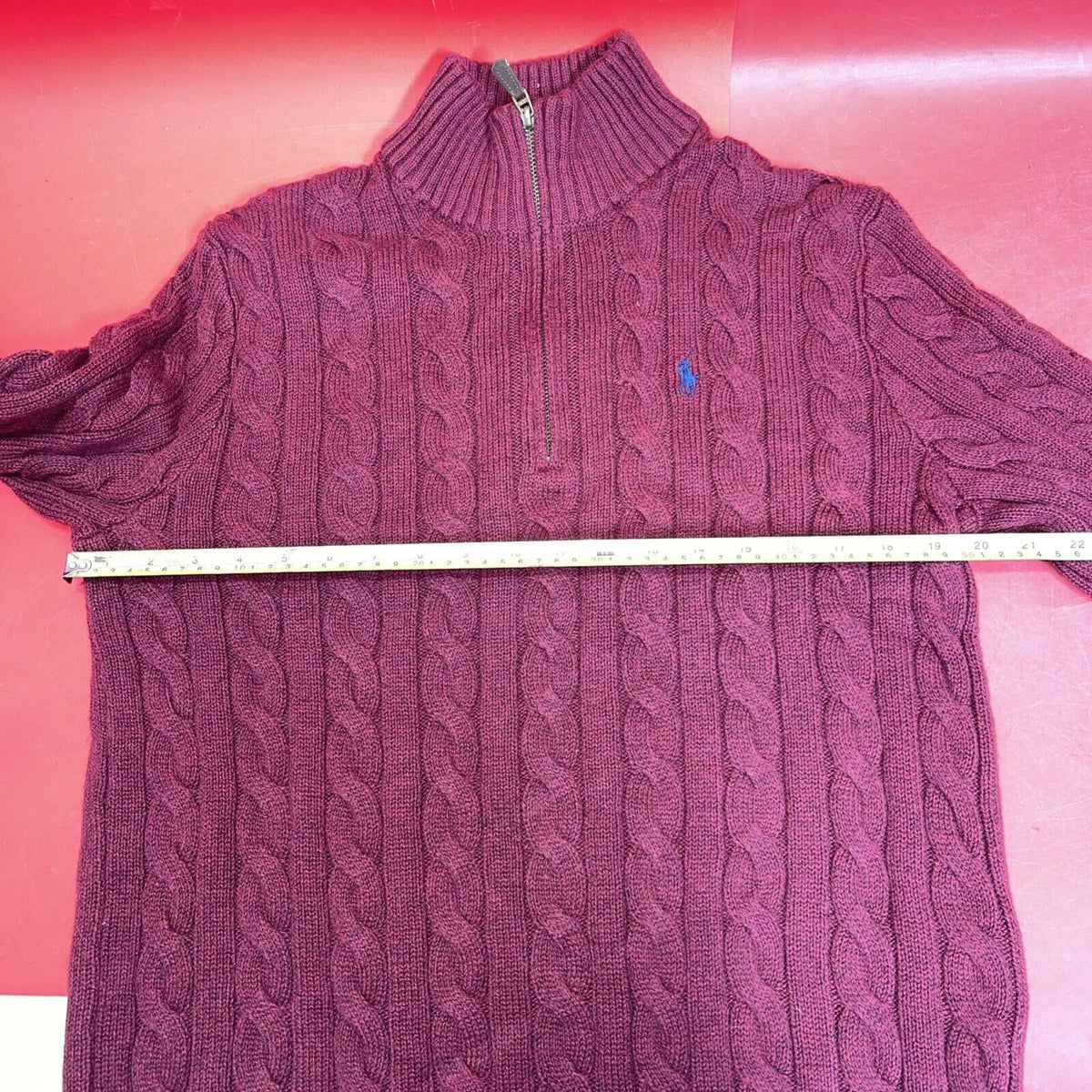 Polo Ralph Lauren Sweater Mens M  Maroon Cable Knit Cotton Quarter Zip Pullover
