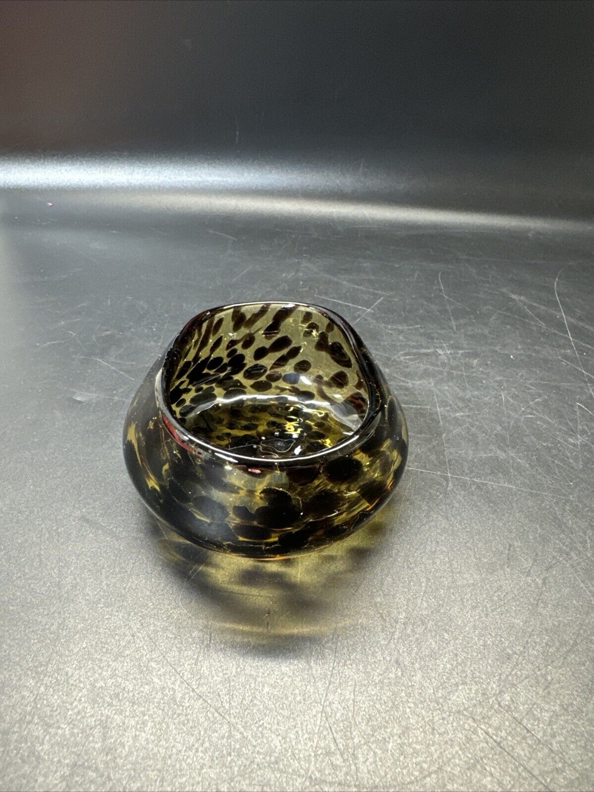 Vintage Hand Blown Amber Tortoise Shell Art Glass Bowl Oval With Folded Edge