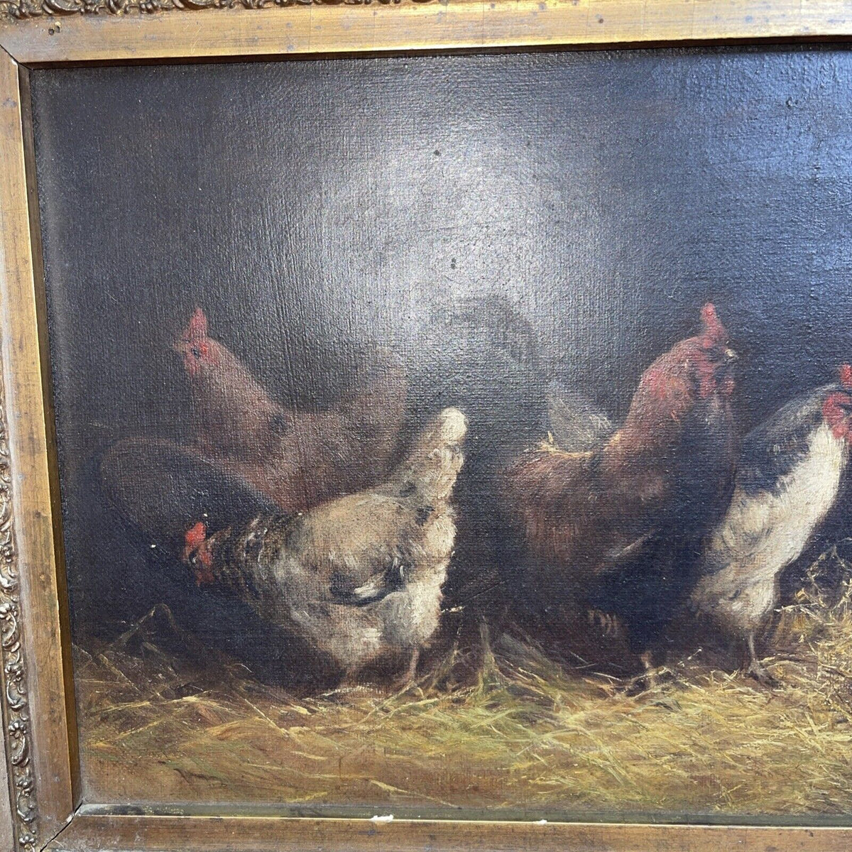 Antique Folk Art Barnyard Oil Painting Chickens  Rooster 1900’s