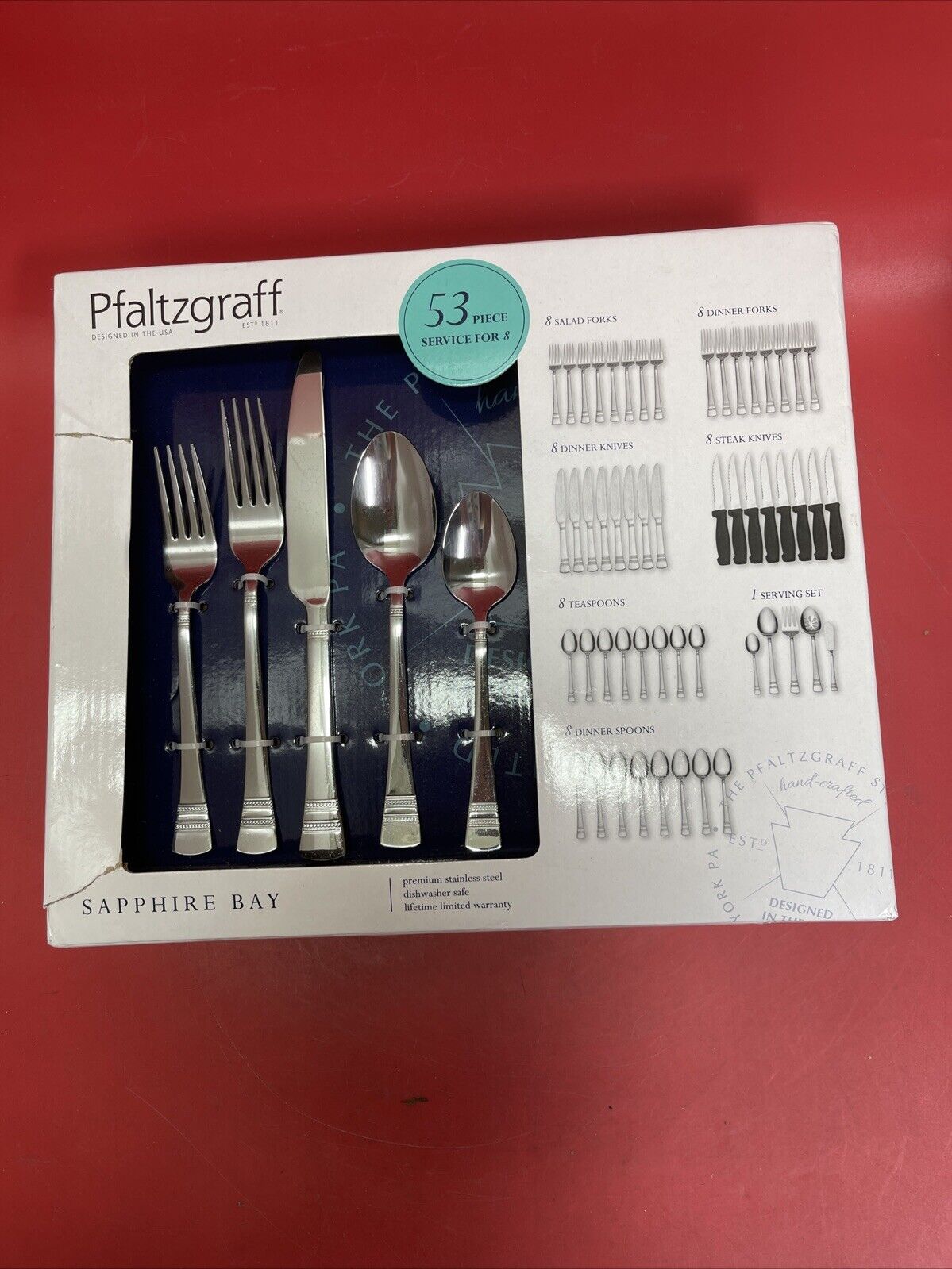 Pfaltzgraff Everyday Sapphire Bay Stainless Steel 53-Piece Flatware Box Damage!