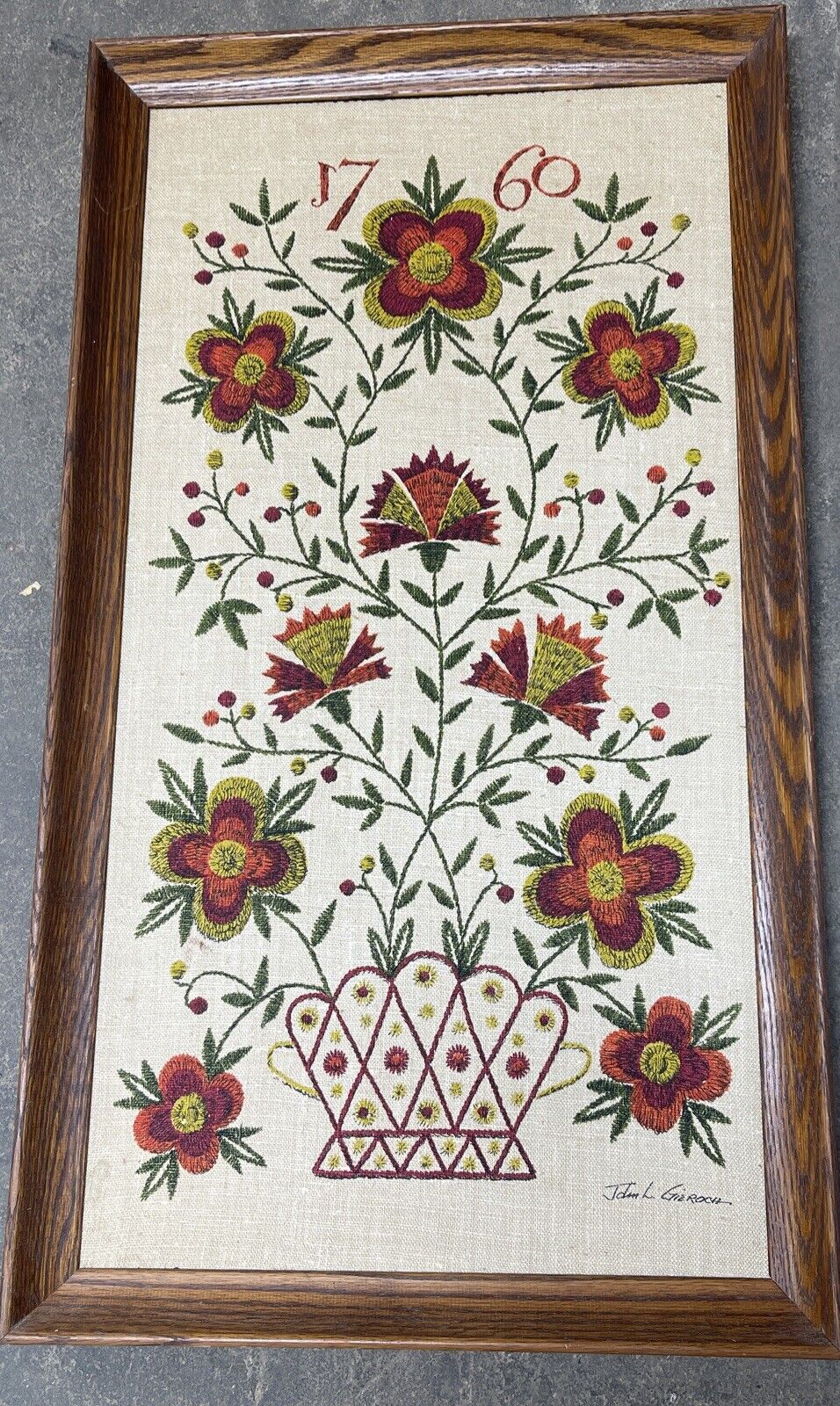 Vintage John L Gieroch Framed Wall Art Linen Burlap 1760 