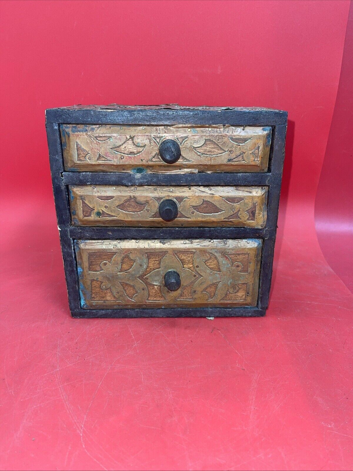 Rare Antique Vintage Wooden Chest with 3 Drawers Handmade for Jewelry