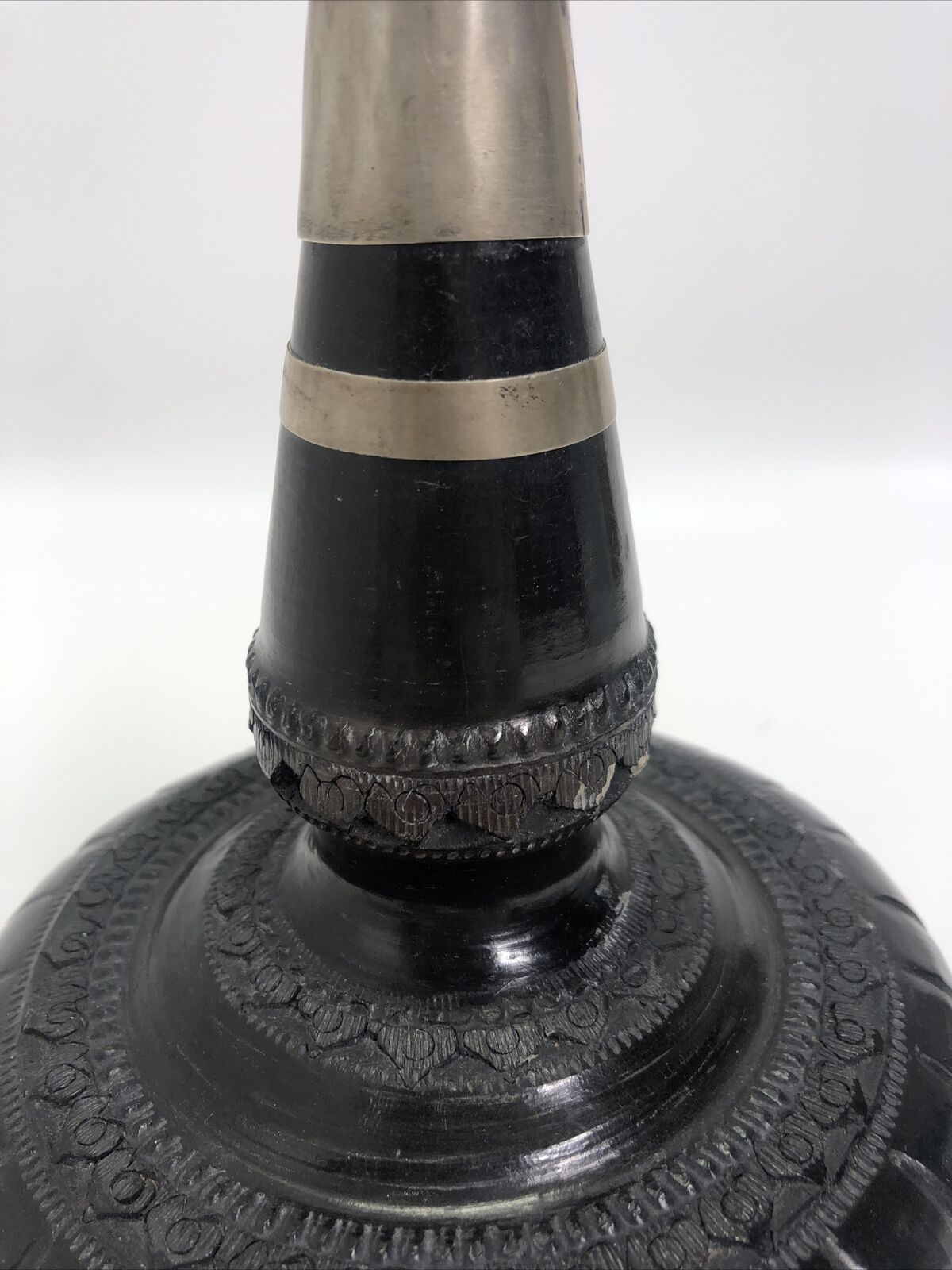 Thai Pottery Carved Bottle with Elephant Finial, Antique