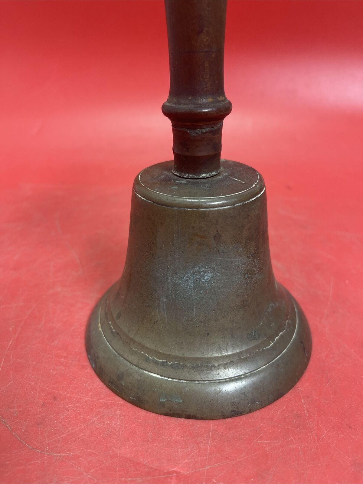 Antique Brass Metal School House Dinner Church Farm 8”,Bell Wood Handle