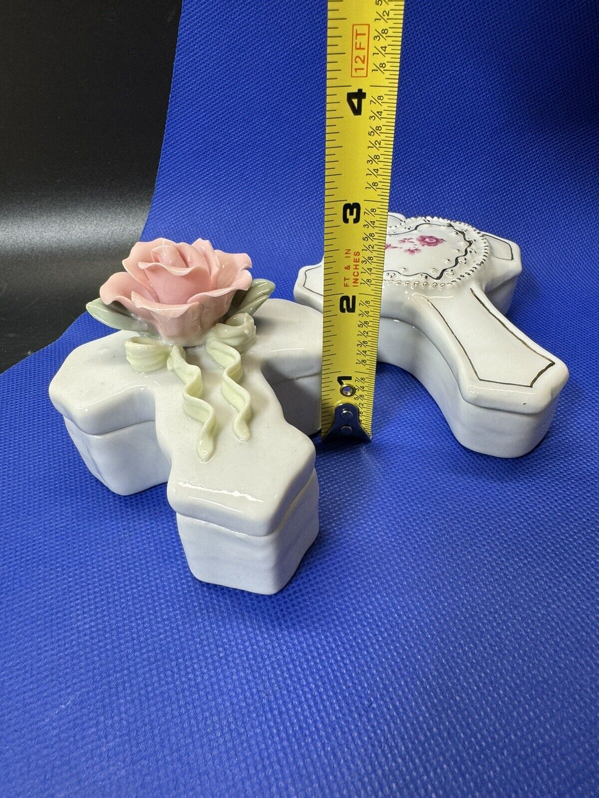 Cross Shape Porcelain Flowers Trinket Box/ Lot Of 2