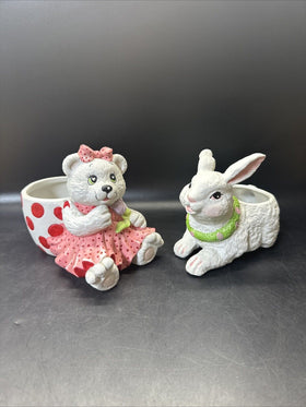 Vintage Teddy Bear And Bunny Pottery Ceramic Planters Set