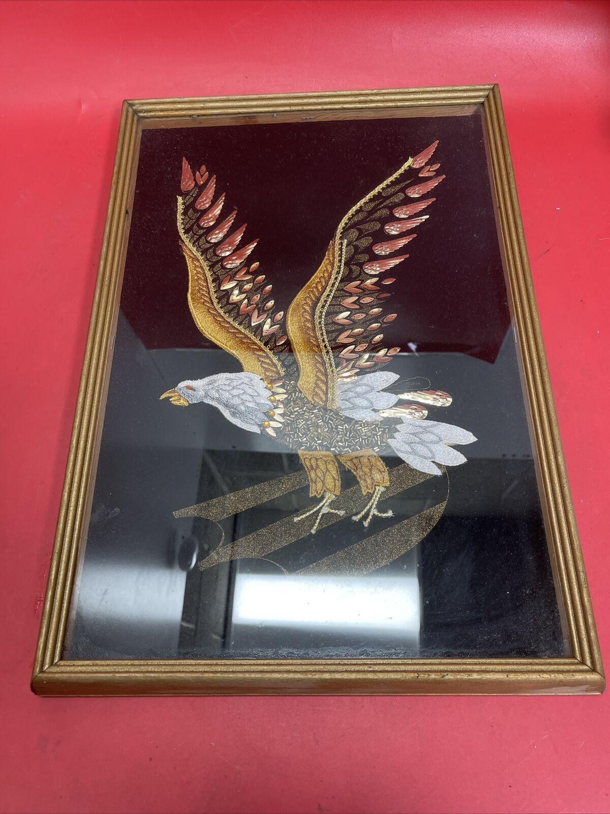 Vtg ART Velvet Bald Eagle Beaded Sequin Embroidered Applique framed under plexi.