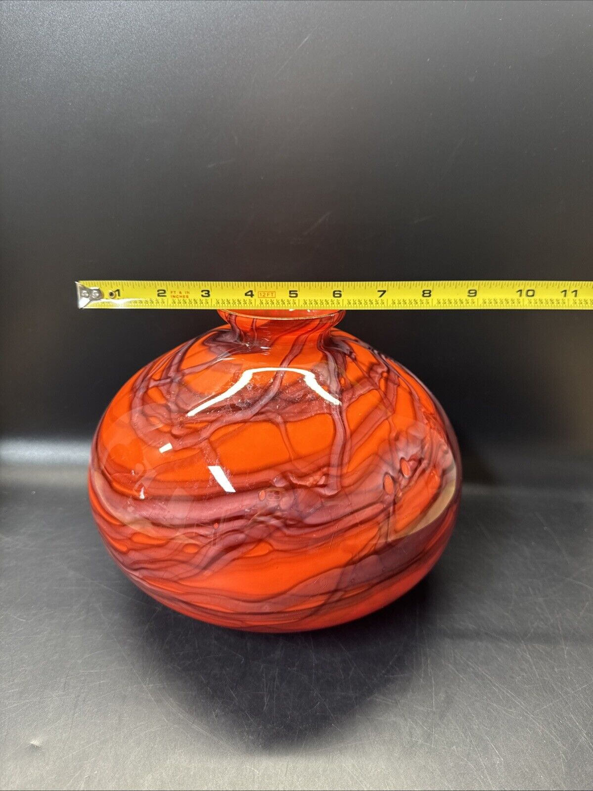 Vintage Art Deco Red Veined Bulbous Glass Ball Vase