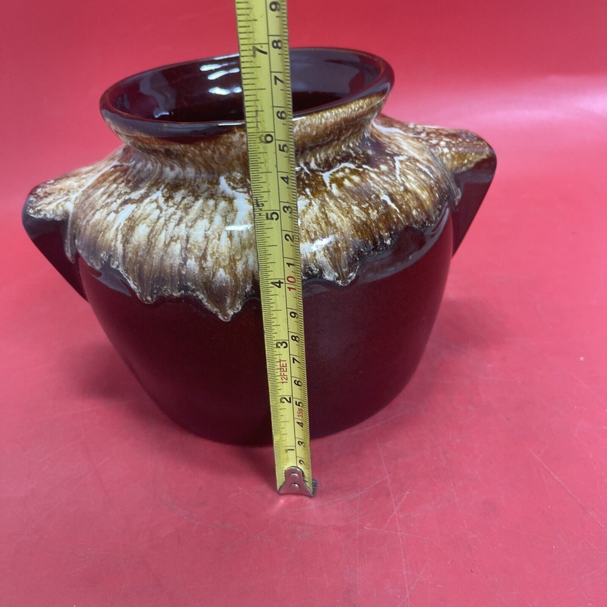 Vintage Brown Drip Pottery Bean Pot / Crock Jar with Lid 
