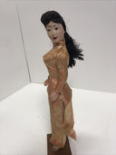 Vintage Asian DOLL Woman in Purple Dress w/Pants Plastic 16.25” on wood base