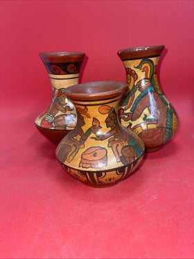 Vintage Hand Painted Aztec Mayan Tribal Art Vases Lot 3