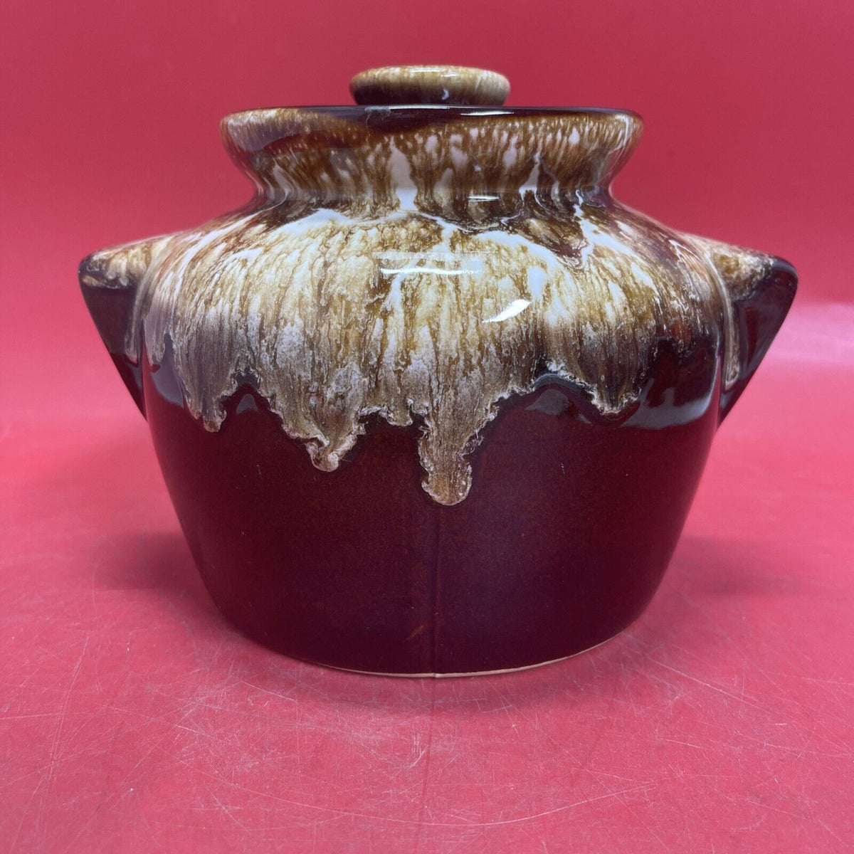 Vintage Brown Drip Pottery Bean Pot / Crock Jar with Lid 
