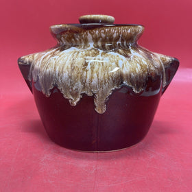 Vintage Brown Drip Pottery Bean Pot / Crock Jar with Lid 