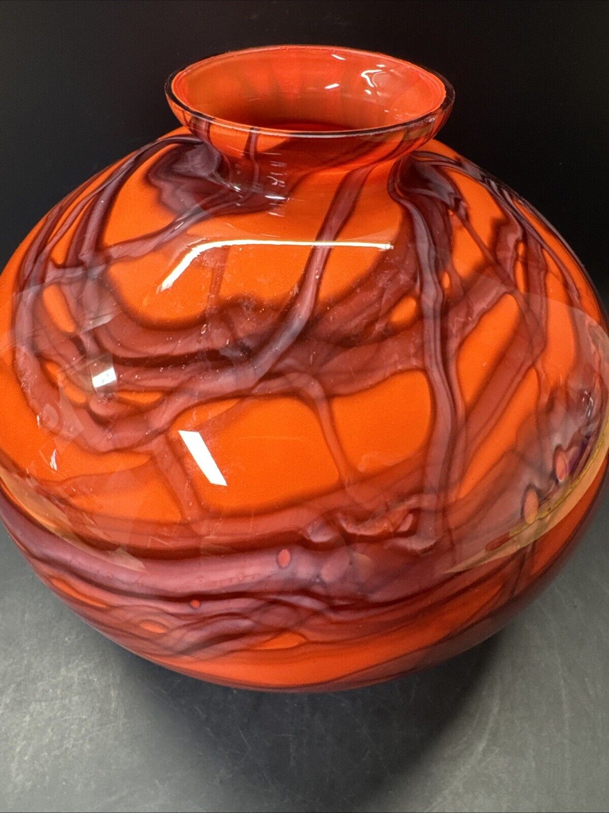 Vintage Art Deco Red Veined Bulbous Glass Ball Vase