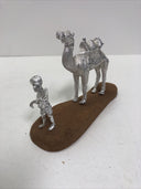 Vintage Set Silver Camel & Man Statue on Wood Stand Sculpture Figurine