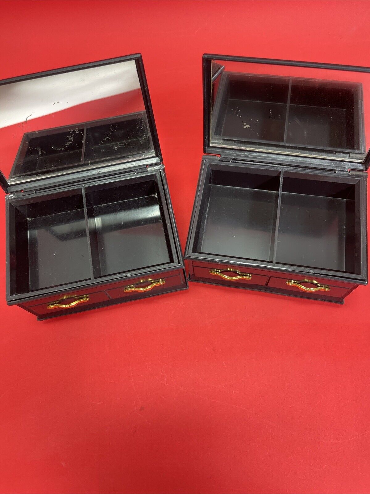 Asian Faux Lacquer Small Jewelry Box w/ Interior Mirror & Red Velvet Lining Lot2