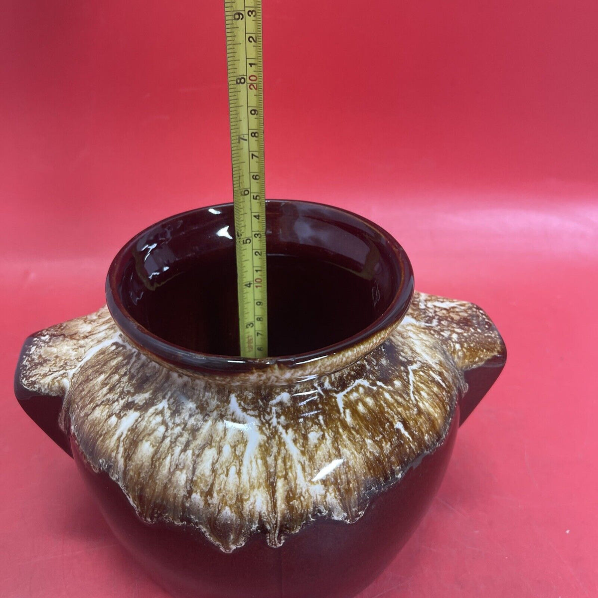 Vintage Brown Drip Pottery Bean Pot / Crock Jar with Lid 
