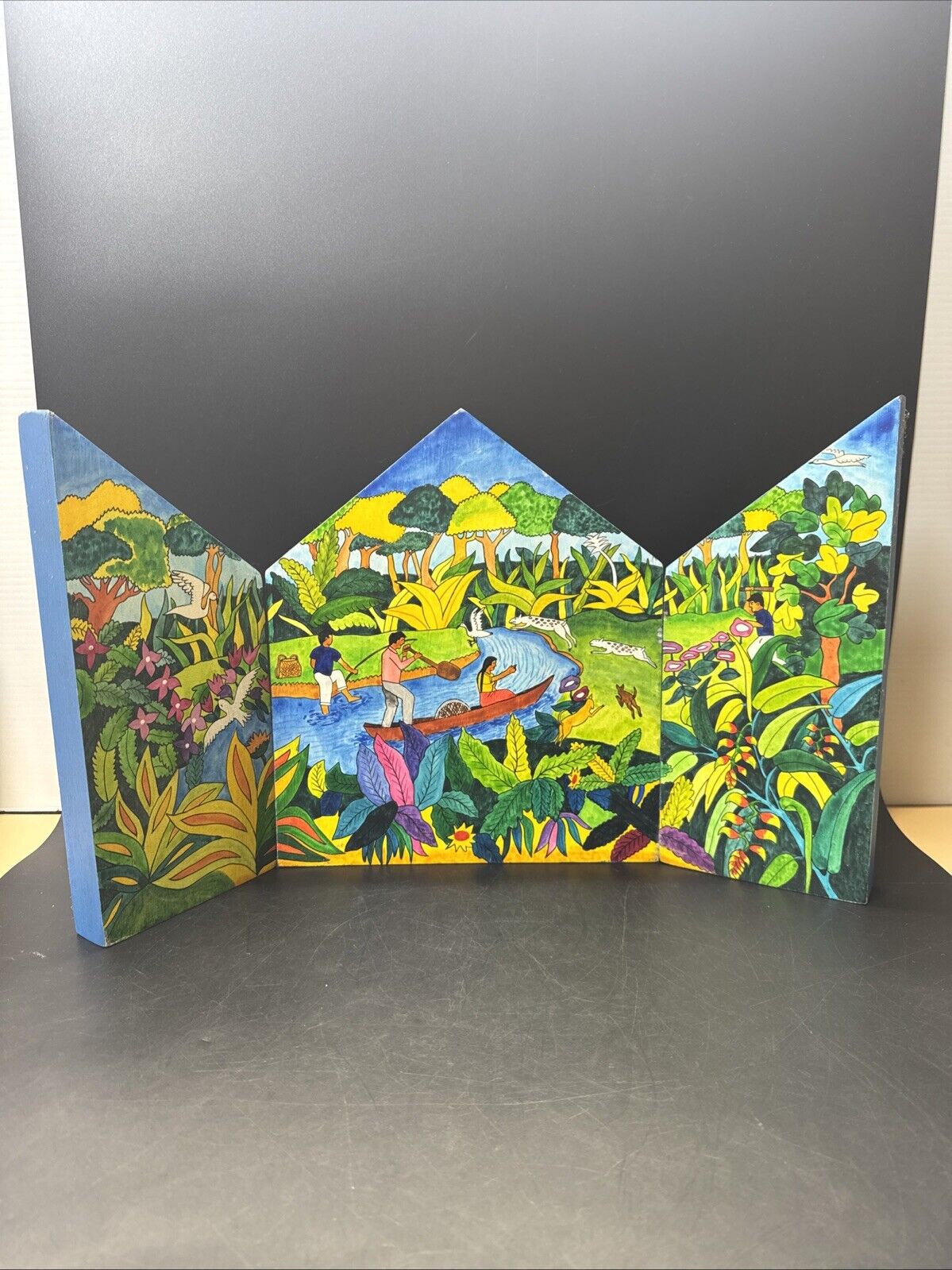 Triptych Acrylic Painting on Wood Abuelo Guarayo
