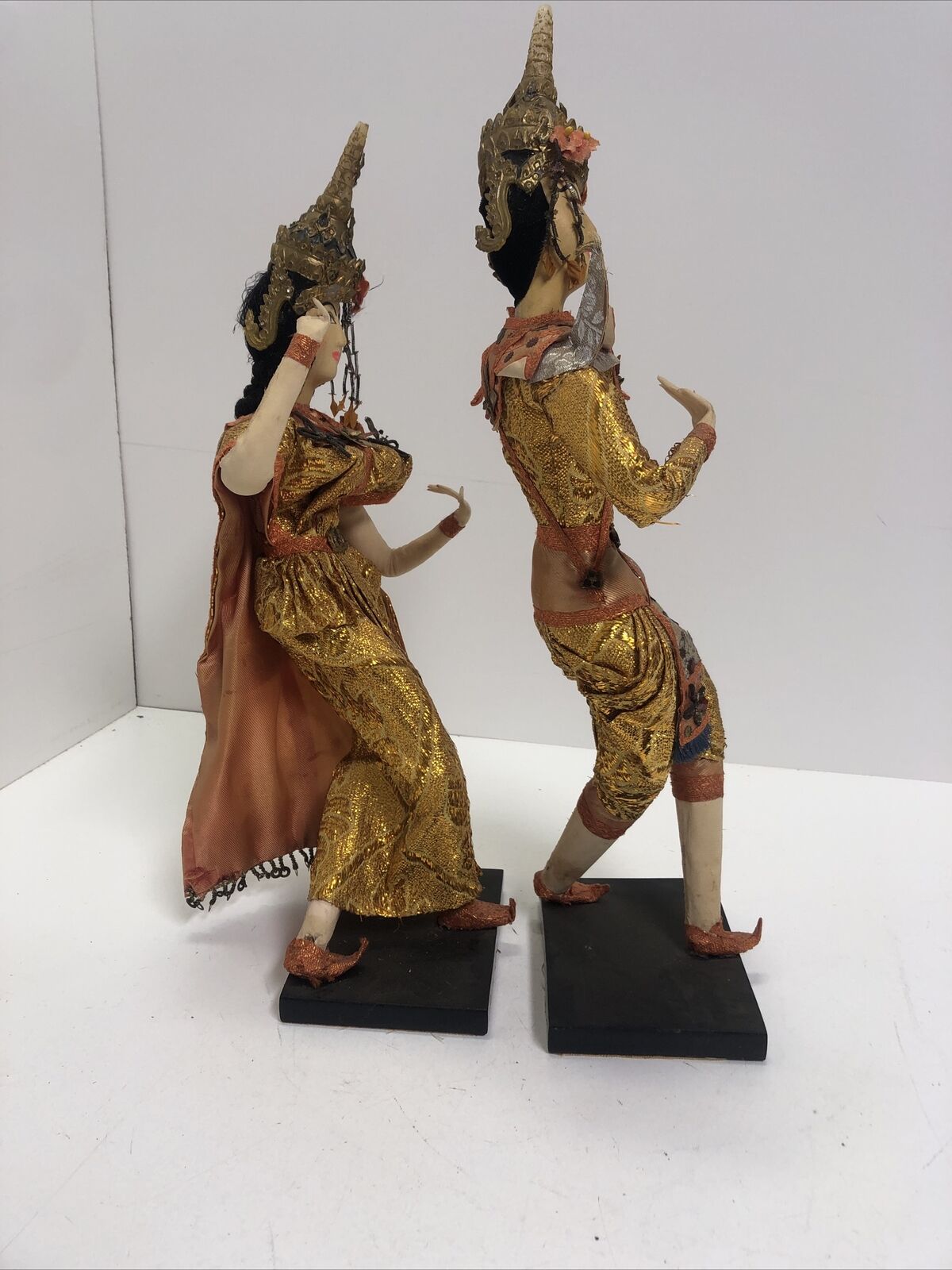 2 Vtg Handmade Thailand Bangkok Cloth Doll Silk Screen Dancer Wood Stand